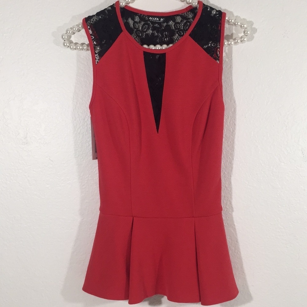 Allen Schwartz red black lace peplum sexy blouse - Picture 2 of 6